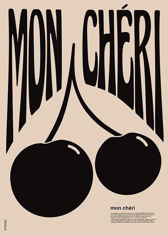 a black and white poster with two cherries in the center, on a beige background