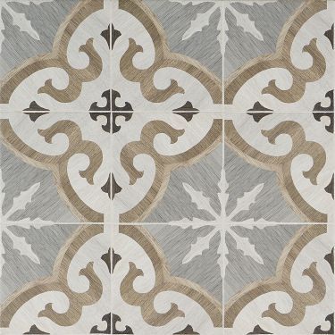 a white and brown tile pattern on the floor with an intricate design in grey tones