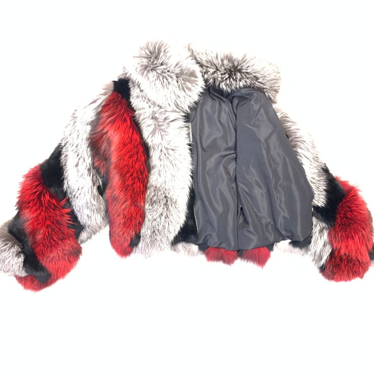 Material: FoxStyle: Fur CoatColor: Silver and Red Red Fur Coat With Faux Fur Trim, Red Winter Fur Coat With Faux Fur Trim, Winter Red Fur Coat With Faux Fur Trim, Red Fur Coat With Faux Fur Trim For Winter, Red Faux Fur Coat, Silver Fox Fur Coat, Red And Silver, Fox Fur Coat, Silver Fox