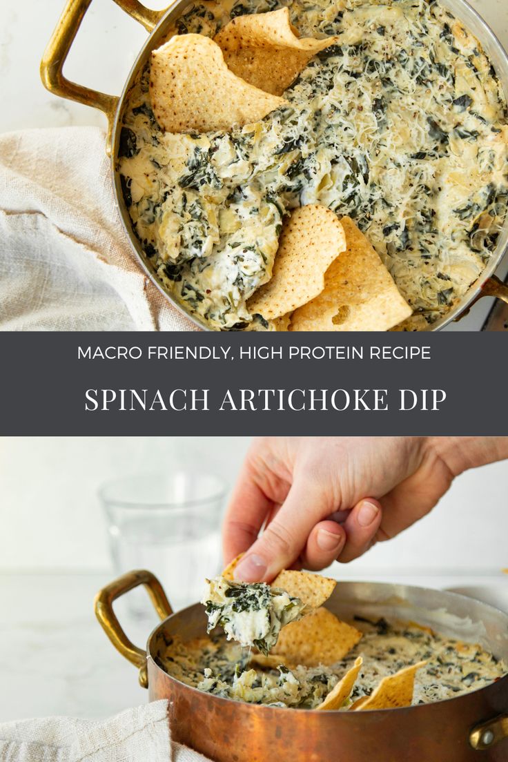 spinach artichoke dip in a pot with tortilla chips