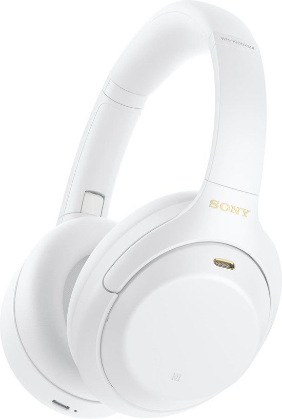 the sony headphones are white and have gold lettering on them, as well as bluetooth