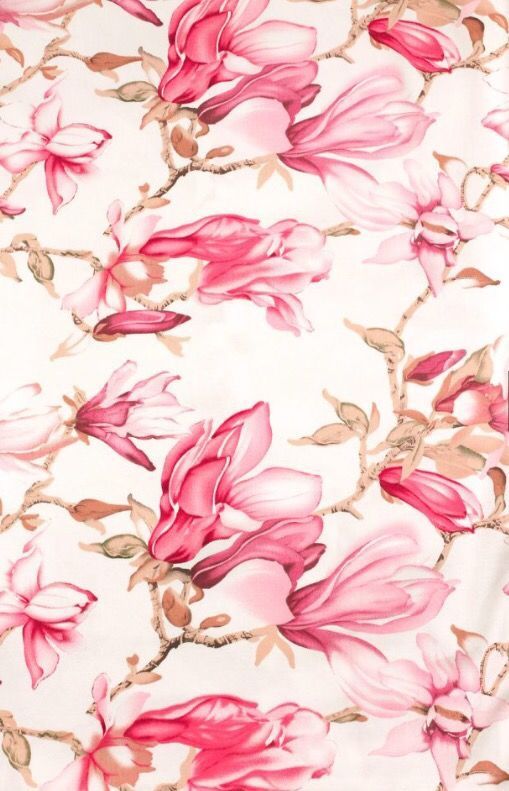 pink flowers on white fabric with green leaves