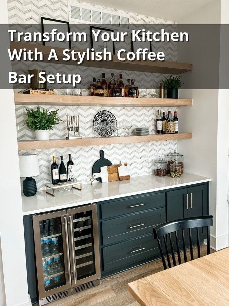 Looking to transform your kitchen into a cozy haven? Check out this stylish coffee bar setup! Create a chic and functional space to enjoy your morning brew with friends and family. Elevate your kitchen decor with a dedicated coffee station that is both practical and aesthetically pleasing. Get inspired to design your own coffee bar in the kitchen today! Dry Bar In Basement, Dry Bar Ideas Basement, Dry Bar Wall Ideas, Kitchen Revamp, Home Bar Cabinet, Home Bar Rooms, Diy Home Bar, Basement Living Rooms, Coffee Bars In Kitchen