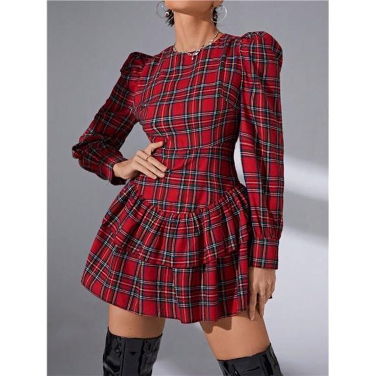 This Red Mini Dress Blends Casual Charm With A Playful Twist. The High Waist And Flounce Hem Create A Flattering A-Line Silhouette, While The Bishop Sleeves Add A Touch Of Elegance. Featuring A Classic Tartan Pattern And A Round Neckline, It Offers A Regular Fit And A Timeless Look. The Non-Stretch, Non-Sheer Material Ensures A Comfortable And Confident Wear. Plaid Mini Dress For Party, Red Fitted Plaid Dress For Fall, Fitted Red Plaid Dress For Fall, Fitted Plaid Dress With Ruffles, Red Ruffle Hem Dress For Fall, Fitted Mini Length Plaid Dress With Ruffles, Fitted Mini Plaid Dress With Ruffles, Fitted Plaid Mini Dress With Ruffles, Red Fitted Plaid Casual Dress