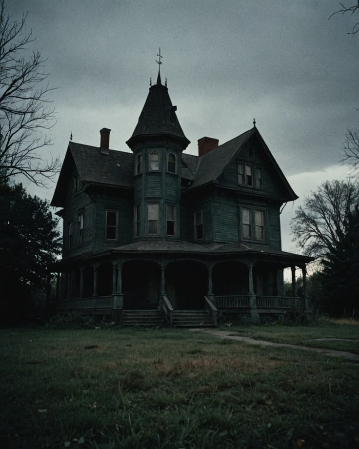 an old house sitting in the middle of a field with trees around it and dark clouds overhead