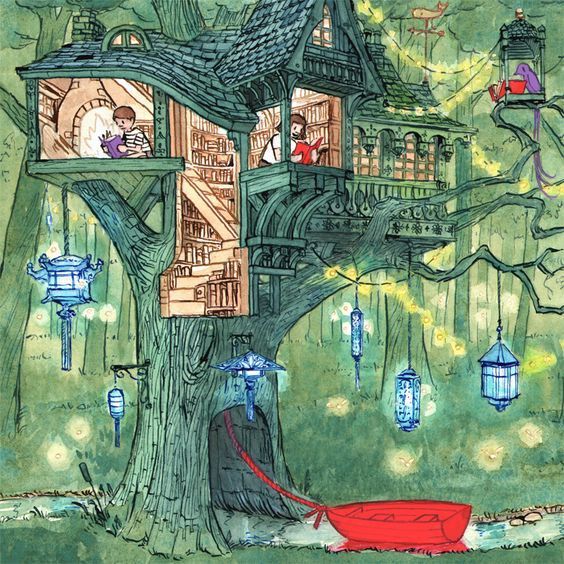 a drawing of a tree house with a red boat in the foreground and lanterns hanging from it