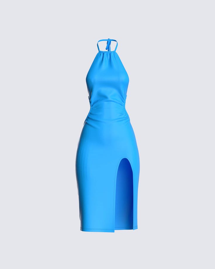 Blue Fitted Backless Midi Dress, Blue Fitted Midi Backless Dress, Fitted Blue Backless Midi Dress, Light Blue Stretch Backless Dress, Chic Blue Stretch Backless Dress, Light Blue Fitted Halter Neck Midi Dress, Spring Blue Stretch Backless Dress, Light Blue Stretch Midi Dress For Evening, Blue Stretch Backless Dress For Spring