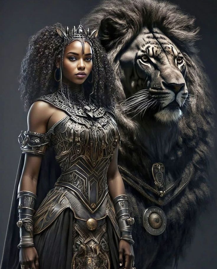 a woman standing next to a lion wearing armor