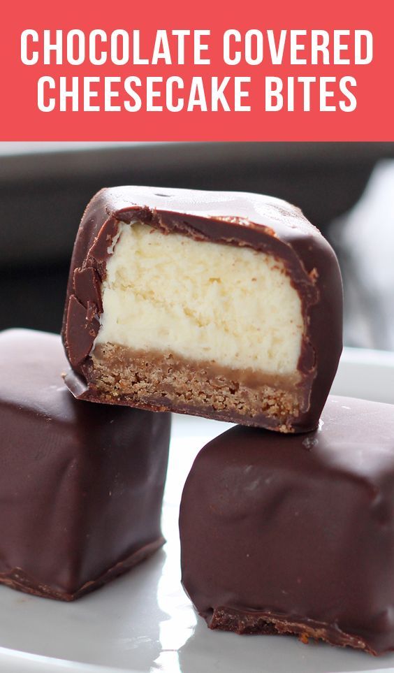 chocolate covered cheesecake bites on a white plate with text overlay that reads, chocolate covered cheesecake bites