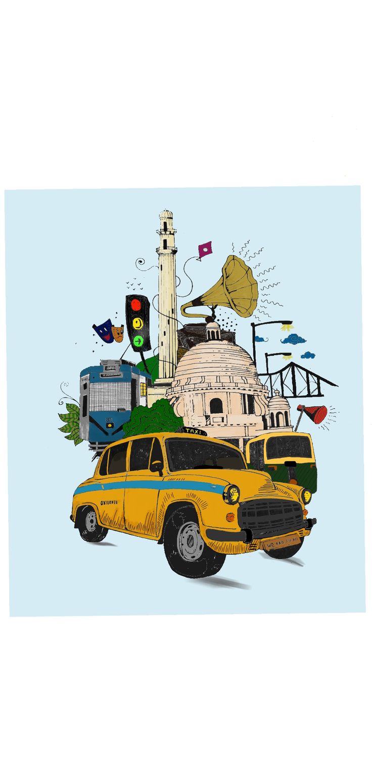 a yellow taxi cab sitting in front of a tall tower with a clock on it's side