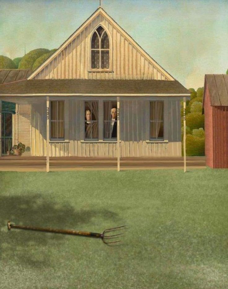 a painting of two people looking out the window of a white house with a garden rake in front of them