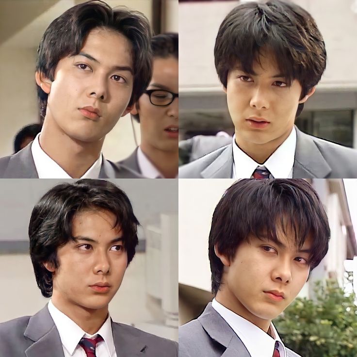 four pictures of young men in suits and ties, one is looking at the camera