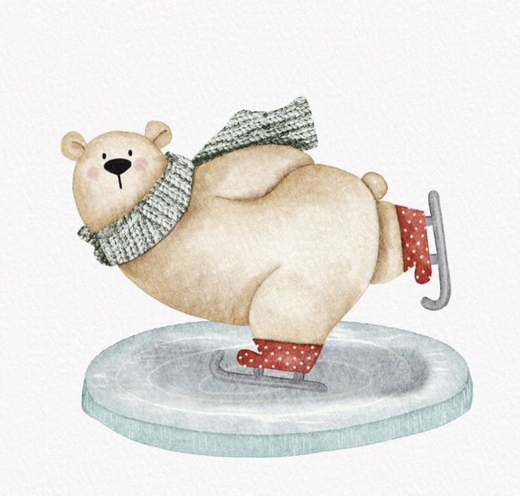 a watercolor painting of a polar bear on ice skates