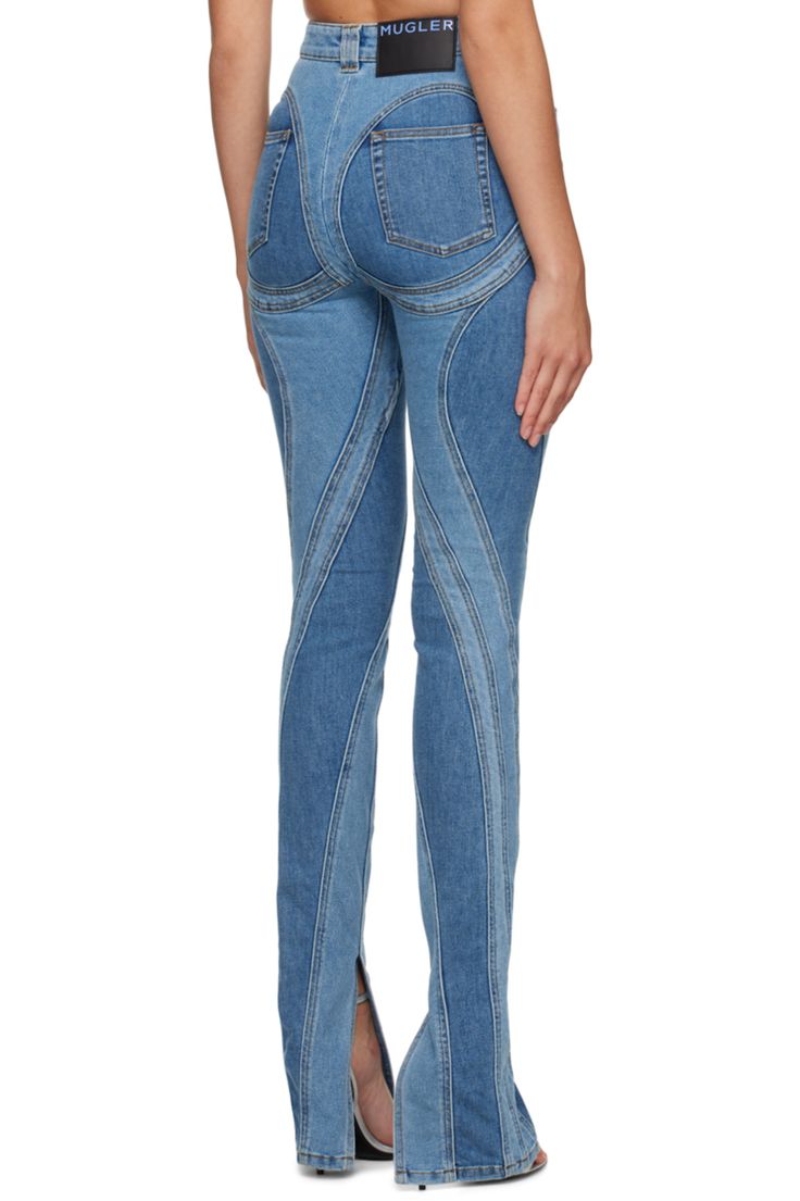 Blue Spiral Jeans by Mugler on Sale Trendy Fitted Rigid Denim Jeans, Trendy Fitted Jeans In Rigid Denim, Trendy Fitted Rigid Denim Bottoms, Fitted Denim Blue Jeans With Seam Detailing, Trendy Fitted Pants With Contrast Stitching, Modern Fitted Jeans With Pockets, Fitted Medium Wash Rigid Denim Pants, Fitted Bottoms With Contrast Stitching In Medium Wash, Fitted Flare Jeans With Tapered Leg In Rigid Denim