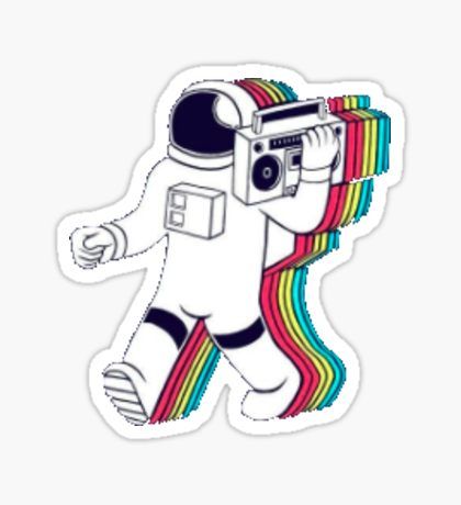 an astronaut sticker with a camera in his hand and rainbow stripes on the bottom