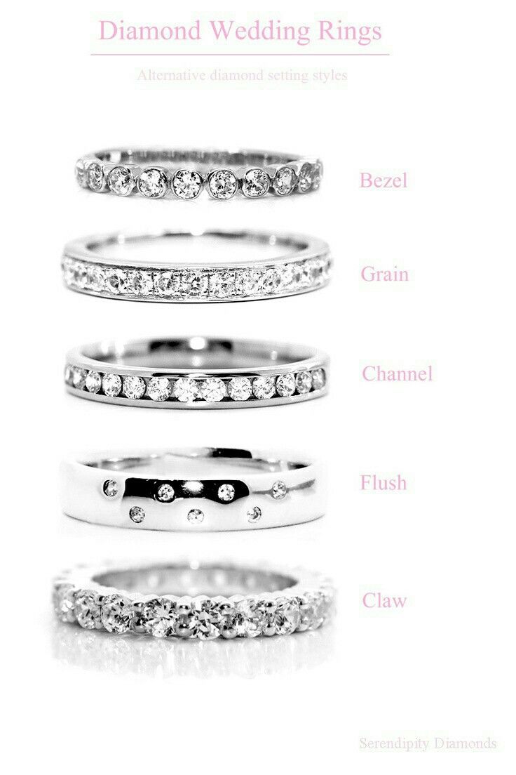 four different types of wedding rings with diamonds on each side and the words diamond wedding rings below