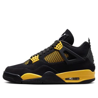 The Air Jordan 4 'Thunder' is a captivating blend of style and heritage. These iconic sneakers pay homage to basketball legend Michael Jordan. The colorway features a striking combination of black and tour yellow, creating a bold visual impact. Crafted with meticulous attention to detail, the Air Jordan 4 boasts a suede upper that exudes sophistication. The gum rubber outsole ensures optimal traction, whether you’re on or off the court. With its rich history and timeless design, the Air Jordan 4 Jordan Fours, Jordan 4 Thunder, 4s Jordans, Cute Jordans, Iconic Sneakers, Custom Sneakers Diy, Jordan 4’s, Nike Air Jordan 4 Retro, Pretty Sneakers