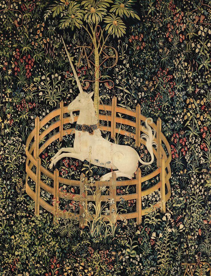 the unicorn is standing on its hind legs in front of an ornately decorated background