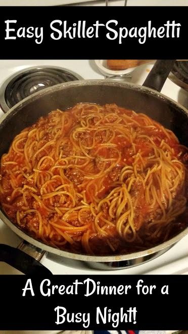 a skillet with spaghetti in it and the words easy skillet spaghetti on top