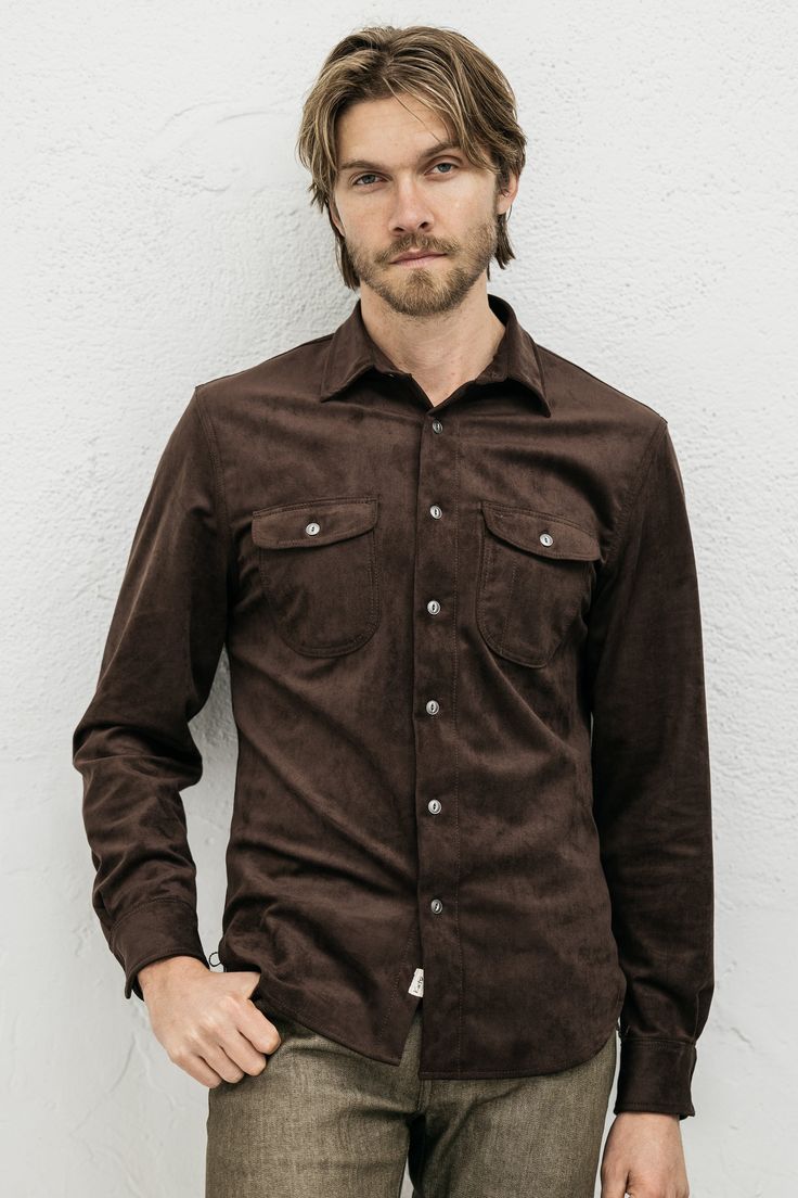 Inspired by the classic and rugged vintage workwear shirt, The Brace is built tough, but with the comfort you expect from Kato. For this design, we focused on the workwear details that add durability and functionality to the garment. Triple stitching on the shoulders, back, and side seams and the bar-tacked reinforced pockets add unparalleled strength to this shirt. The discreet and easily accessible pen pocket gives The Brace a nice utilitarian detail. The chain stitch runoff found on the side Relaxed Fit Vintage Shirt For Workwear, Brown Work Shirt With Pockets, Workwear Camp Shirt With Welt Pockets, Retro Brown Workwear Shirt, Vintage Workwear Shirt With Pockets, Vintage Workwear, Vintage Sewing Machines, Linen Spray, Knitting Materials