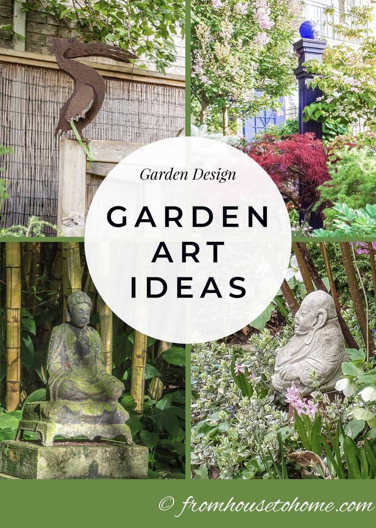 garden art ideas with text overlay that reads garden design garden art ideas on it