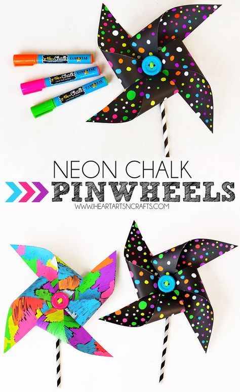 three paper pinwheels with markers on them and the title neon chalk pinwheels