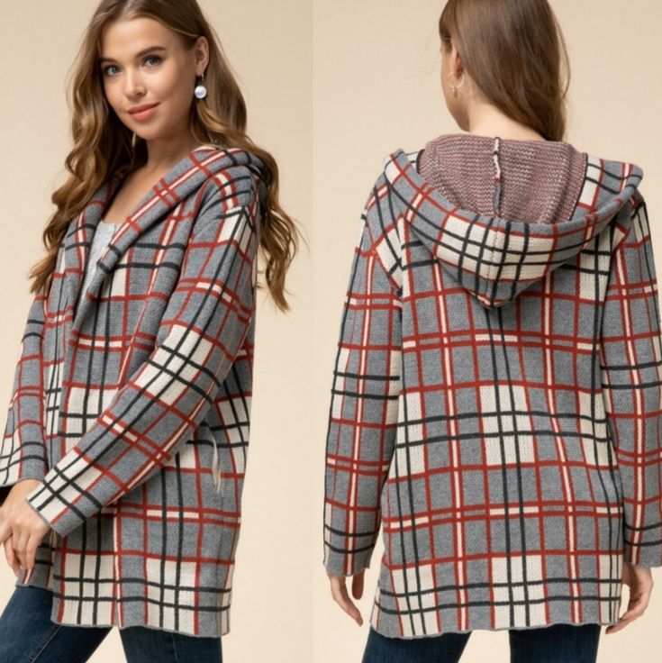 Super Comfortable Open Front Hooded Plaid Sweater Jacket With Side Pockets. Colors Are Gray, Red, White & Black. Made Of A Durable, Heavy Knit Fabric 95% Polyester 5% Spandex Small: -31" Long 21.5" Pit To Pit 21.5" Sleeve Medium: -31" Long 22" Pit To Pit 23" Sleeve Retails @ $80 Short Jackets, Plaid Sweater, Knitted Hood, Heavy Knit, Short Jacket, Knit Jacket, Sweater Jacket, Front Open, Black Gray