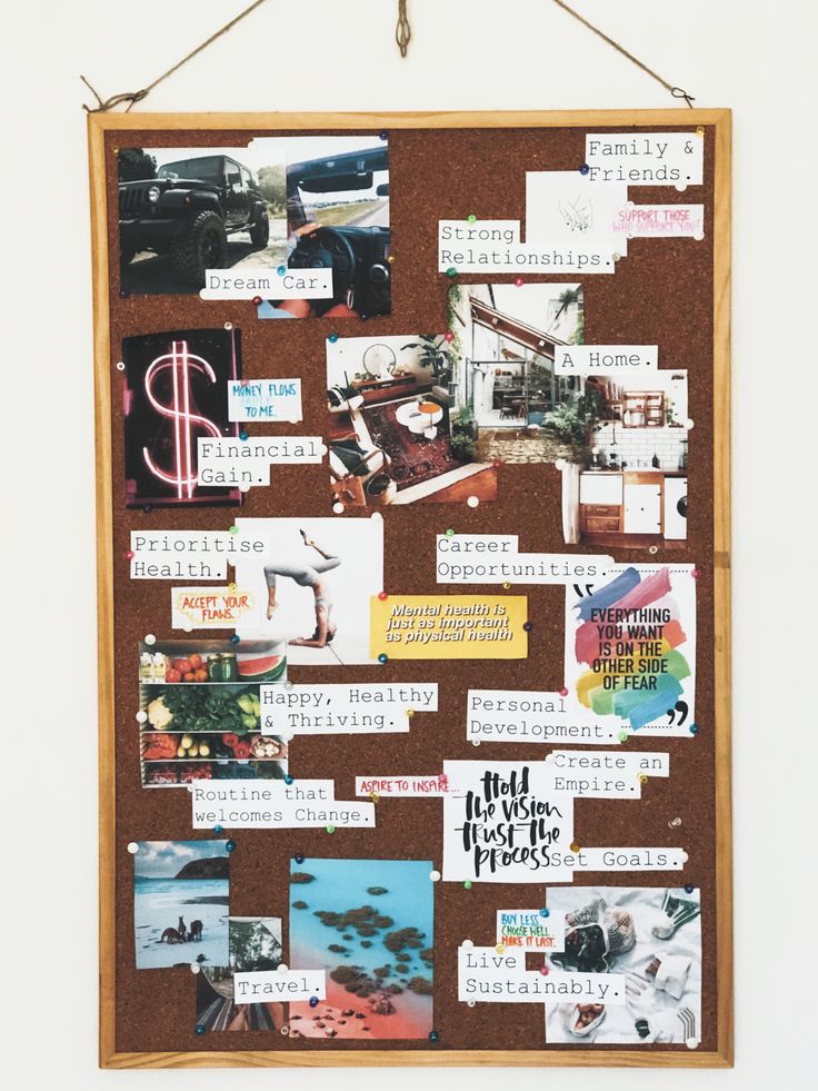 a bulletin board covered in pictures and magnets