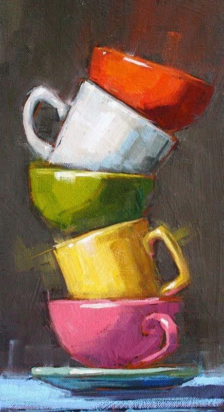 a painting of three cups stacked on top of each other in different colors and shapes