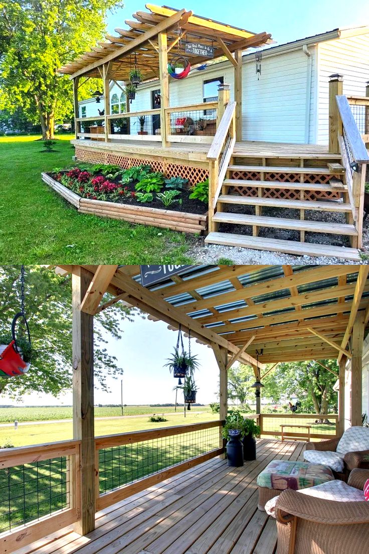 two pictures of an outside deck with plants and flowers on the porch, one is empty