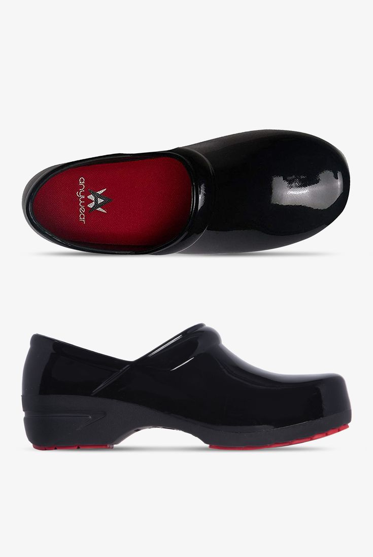 Carefree comfort! Anywear SR Angel Black Patent Clogs made of high-rebound, molded EVA from upper to midsole for flexible cushioning. There’s a removable memory foam insole treated with Certainty® antimicrobial for freshness. The rubber outsole is slip resistant. Refined black patent upper. • Molded EVA upper • Vent hole in side panel • Roomy rounded toe box • Strategically-placed elastics for better fit • Removable, ventilated EVA insole • Certainty® antimicrobial insole lining • High rebound E Slip-on Slip-resistant Synthetic Clogs, Black Clogs With Cushioned Footbed, Black Synthetic Clogs With Arch Support, Comfortable Black Clogs With Cushioned Footbed, Slip-resistant Slip-on Synthetic Clogs, Functional Closed Toe Clogs With Cushioned Footbed, Slip-resistant Synthetic Slip-on Clogs, Black Ergonomic Synthetic Clogs, Ergonomic Waterproof Clogs With Round Toe