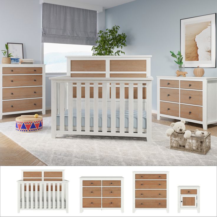 an image of a baby's room setting with furniture and decor on the floor