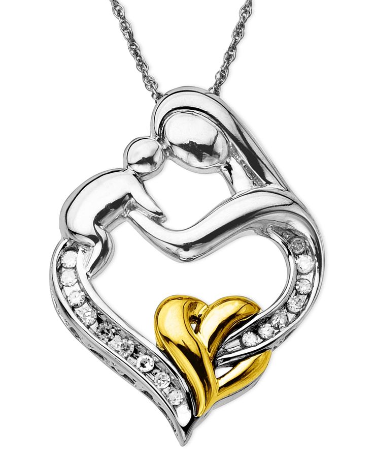 A heartwarming diamond necklace with beautifully crafted figures of a mother and baby linked in a heart. The perfect gift for the new mother set in 14k gold and sterling silver. Macy's Birthstone Jewelry Gift, Macy's White Gold Jewelry Gift, Silver Diamond Jewelry For Anniversary Gift, White Gold Diamond Cut Jewelry For Anniversary, Macy's Silver Necklace With Diamond Accents, White Gold Jewelry With Diamond Cut For Anniversary, Macy's Sterling Silver Pendant Jewelry, Silver Jewelry From Macy's As A Gift, Silver Macy's Jewelry For Gift