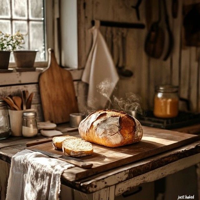 a loaf of bread sitting on top of a wooden cutting board next to a window