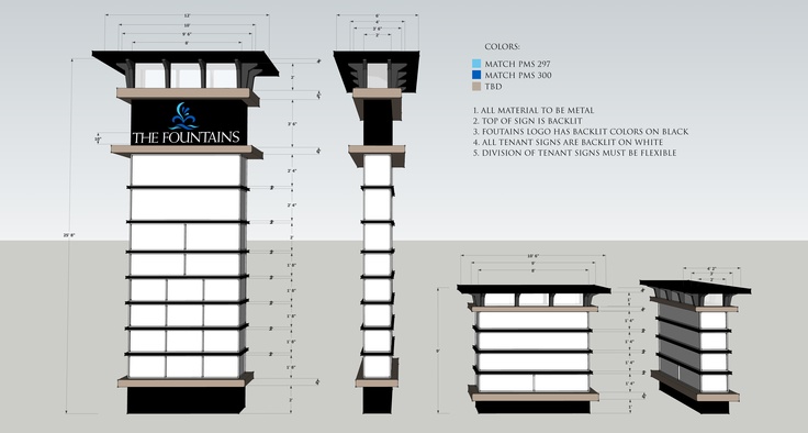 an architectural drawing of the front and side of a tall building with two balconies