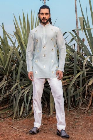 Runit Gupta | Designer Kurta, Nehru Jackets and Sets, Shirts for Men Short Kurta For Men, Lotus Motif, Men Fashion Photo, Silk Pant, Blue Kurta, Pajama Pattern, Short Kurta, Nehru Jackets, Embroidered Shorts