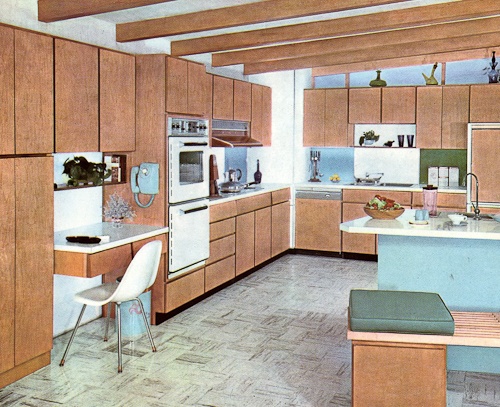 an artist's rendering of a kitchen with wood cabinets and white appliances