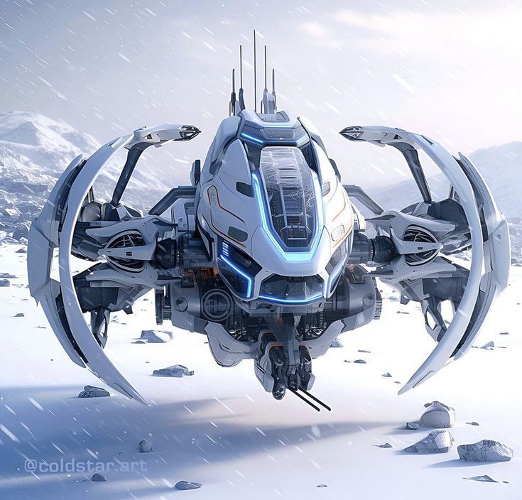 an image of a futuristic flying vehicle in the middle of snow covered ground with mountains in the background