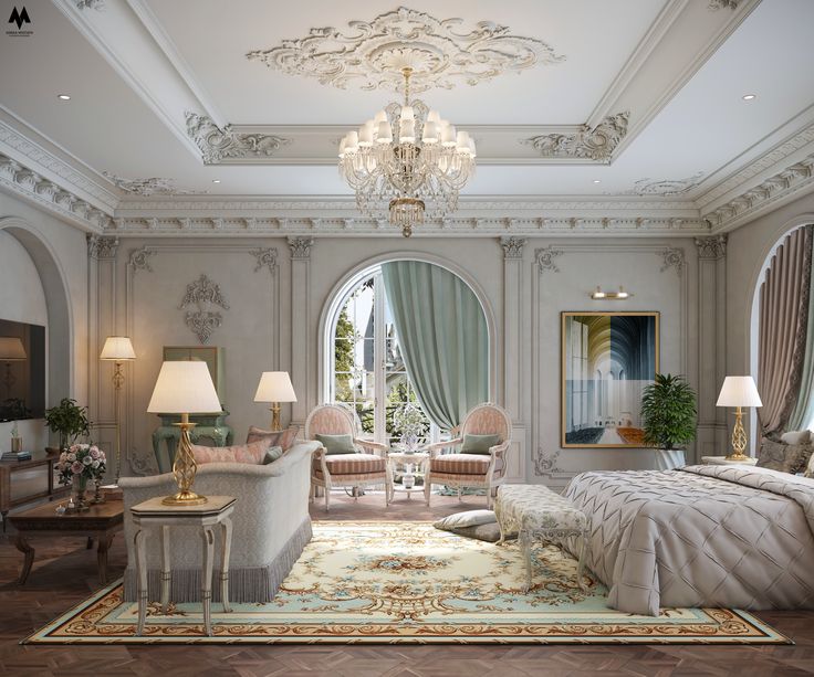 an elegant bedroom with chandelier, couches and two chairs in front of a large window