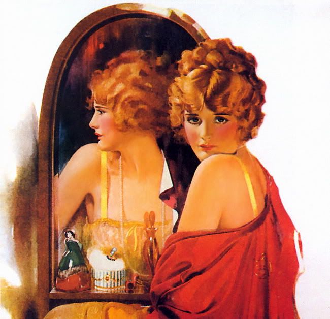 two women in red dresses looking at themselves in a mirror, one with her hair pulled back