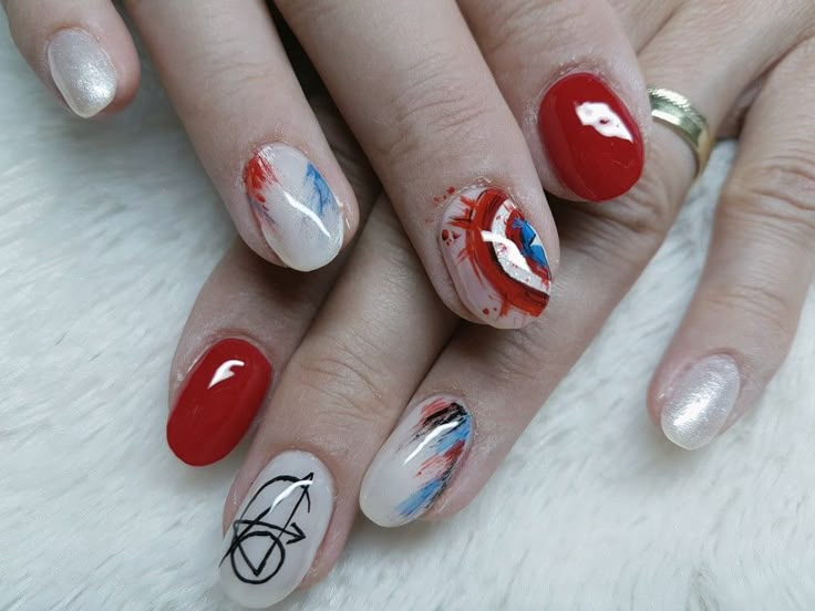 Avenger Nail Designs, Avengers Acrylic Nails, Marvel Nails Short, Thor Nails, Marvel Inspired Nails, Avenger Nails, Marvel Nails Designs, Avengers Nail Art, Super Hero Nails