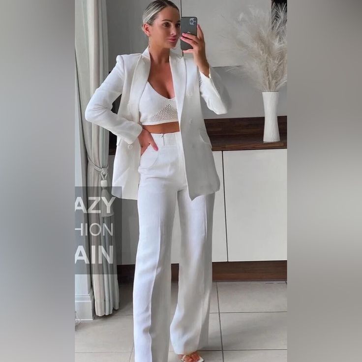 Zara 100% Quality Linen Fill Pants Suit Elegant White Linen Sets, Chic White Linen Sets, Chic Linen Pantsuit With Notch Lapel, Elegant Tailored Linen Pantsuit, Elegant Fitted Linen Pantsuit, Spring Linen Pantsuit For Office, Chic Summer Linen Suits, Chic Tailored Summer Sets, Elegant Spring Trousers Suits