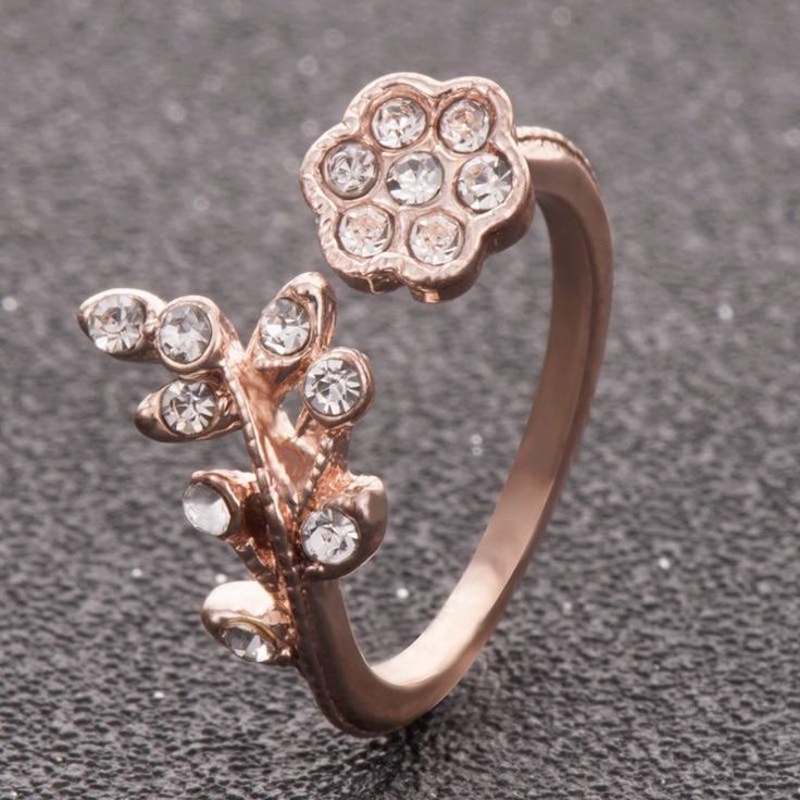 Lovely Flower Rhinestone Ring – Cutie Gifts Store Ear Crawler Earrings, Open Hoop Earrings, Rhinestone Ring, Leaf Flowers, Cute Rings, Delicate Rings, Finger Ring, Open Ring, Rose Gold Color