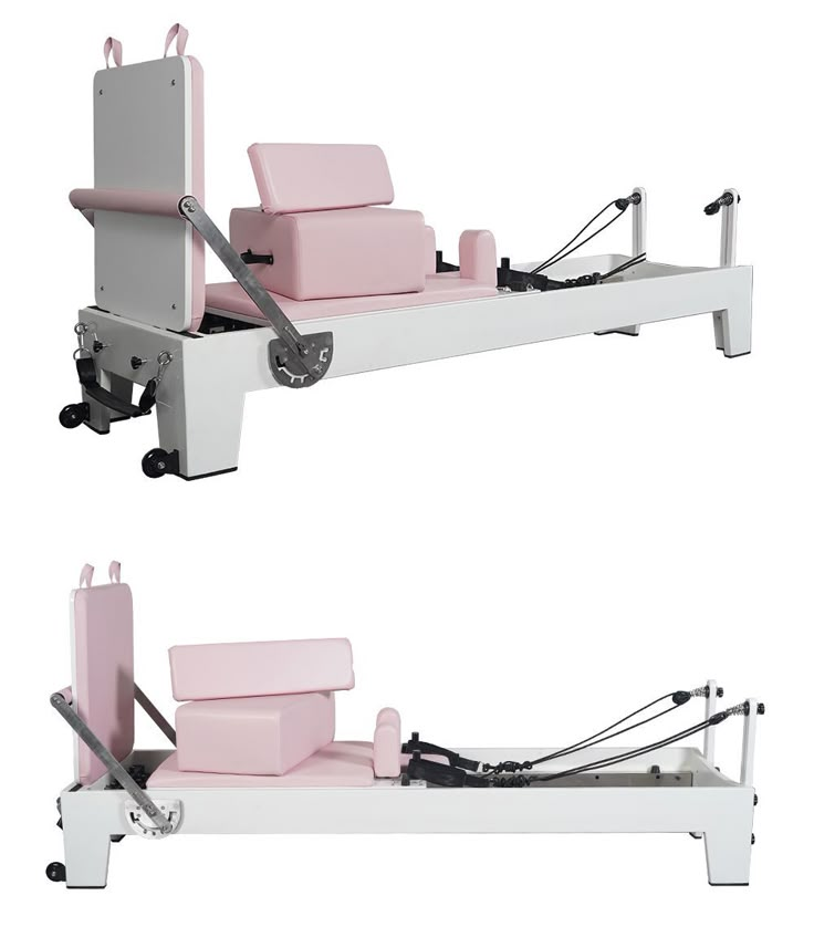 two pink and white beds sitting next to each other on top of one another in front of a white background