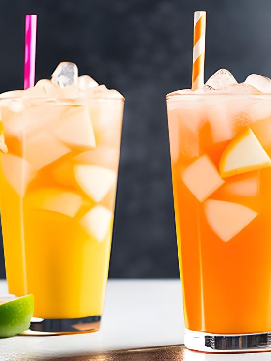 two tall glasses filled with orange juice and limes next to each other on a table