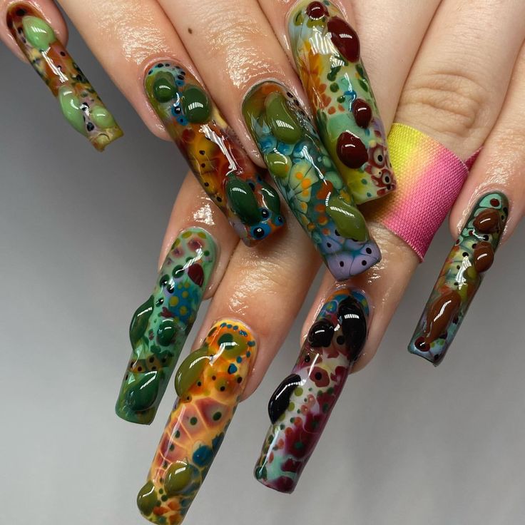 Unconventional Nails, Aura Nails Coffin, Aquarius Nails Designs, Junk Nail Designs, Lsd Nails, Earth Nails, Blooming Gel, Funky Nail Art, Retro Nails