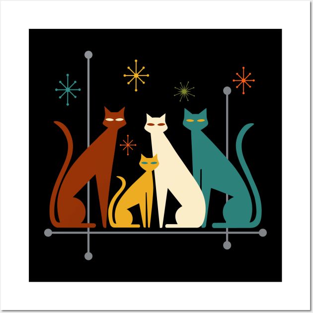 three cats sitting next to each other on top of a black background with snowflakes