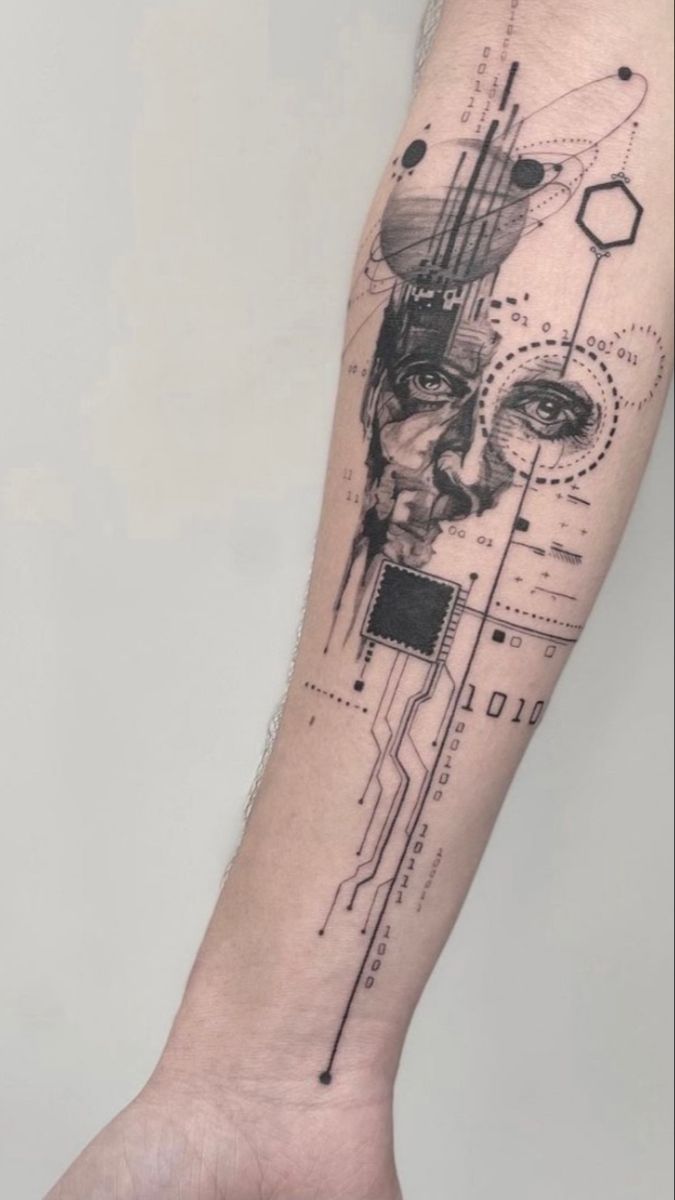 a person's arm with a tattoo on it that has an image of a face