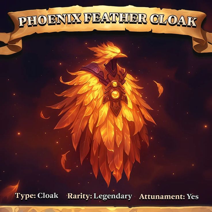 an image of a golden bird with a banner above it that says, phoenix feather cloak