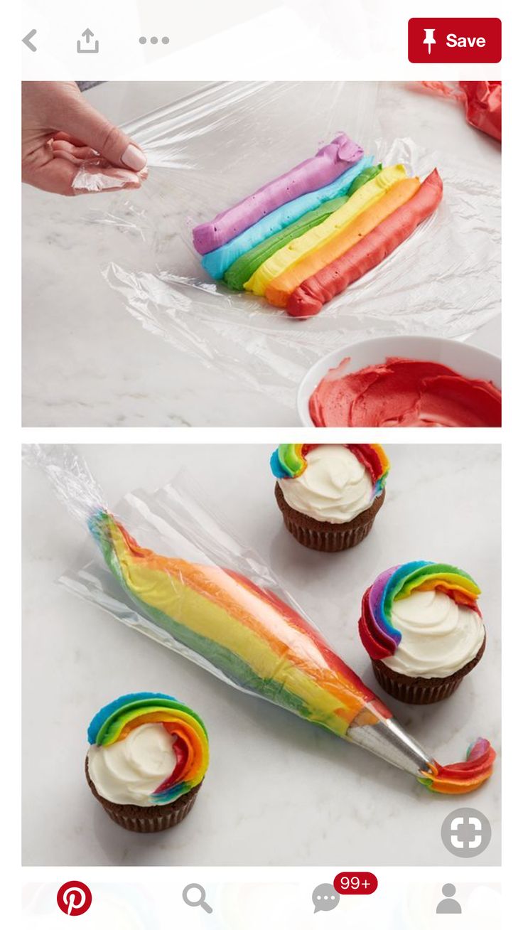 there are cupcakes with rainbow icing on the top and one has a knife in it